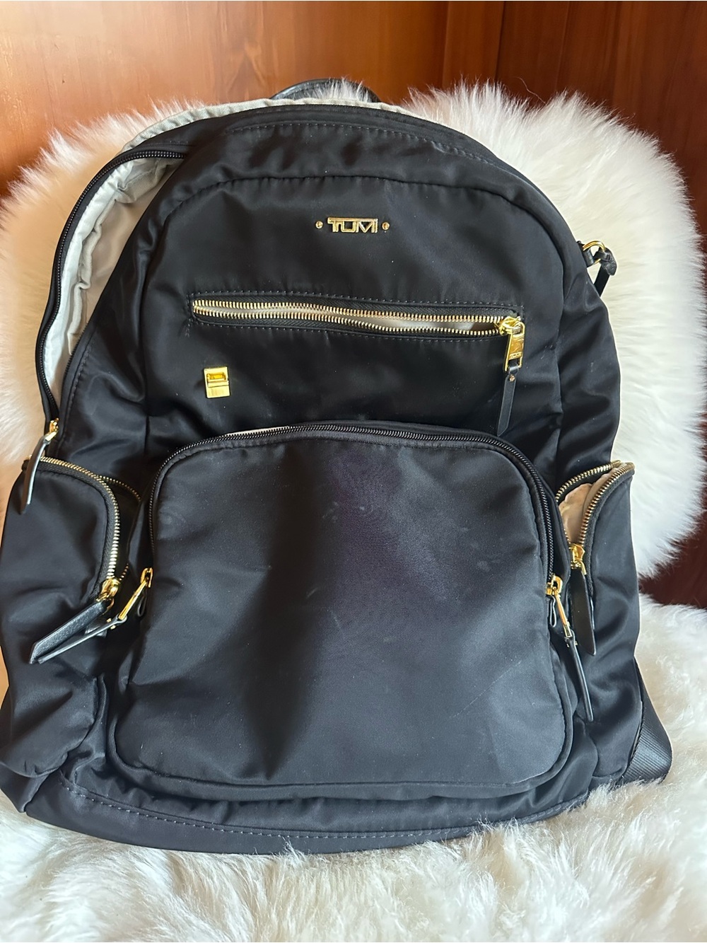 Tumi Black Nylon Backpack with Gold Hardware Accents - Picture 2 of 8